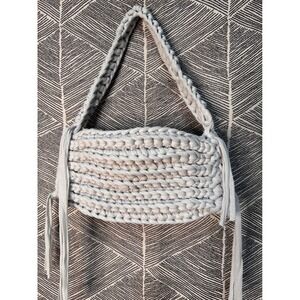 Chunky‎ Knit Shoulder Bag Light Gray Boho Crochet Tassel Handbag
